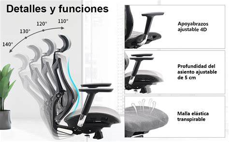Esquema detallado de los puntos de ajuste ergonómico: altura, soporte lumbar, reposabrazos 4D y reclinación del respaldo.
