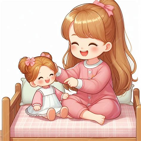 Niña jugando creativamente con su muñeca en una cama de juguete