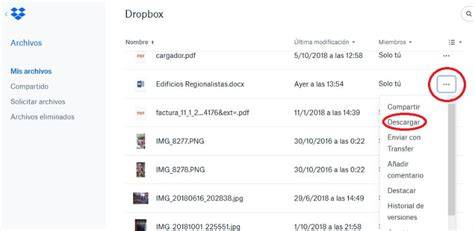 Interfaz de Dropbox en un navegador web mostrando la opción de subir archivos.