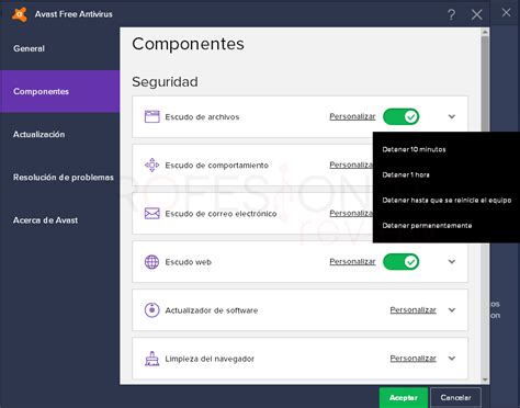 Captura de pantalla de la configuración de Avast o AVG para desactivar la virtualización asistida por hardware
