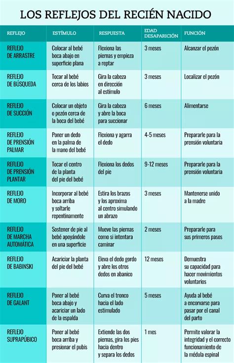 Esquema de un bebé mostrando diferentes reflejos neonatales