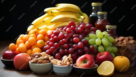 Fotografía macro de frutas frescas (manzana, plátano y frambuesa) sobre un fondo natural