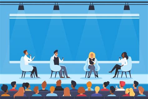 Ilustración de un panel de discusión académico con ponentes y público