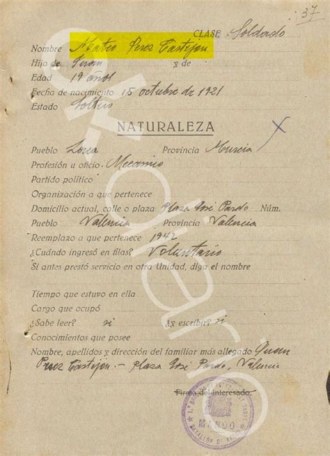 Hoja de filiación del abuelo de Sánchez en el Ejército republicano
