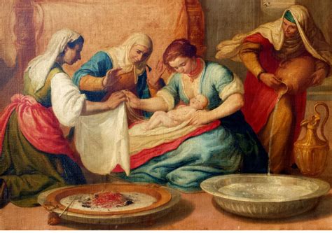 Representación artística del nacimiento de la Virgen María con matronas y Santa Ana en la cama