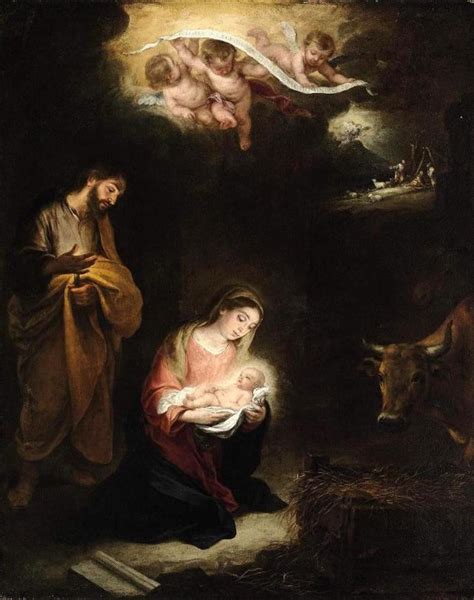 Pintura barroca de la Natividad de Jesús con pastores y ángeles