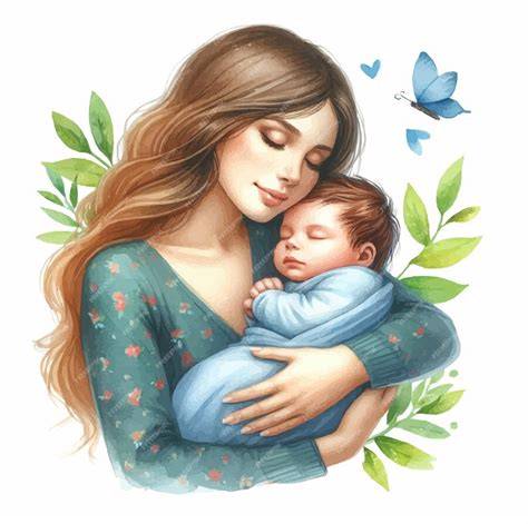 Representación de una madre con su recién nacido, reflejando tanto la alegría como el cansancio