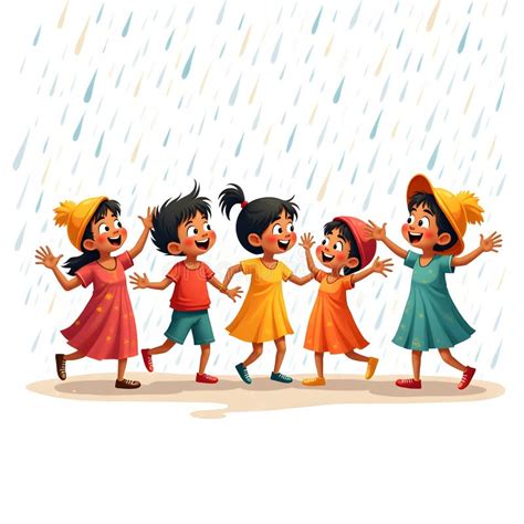 Ilustración de niños pequeños bailando alegremente bajo una lluvia suave