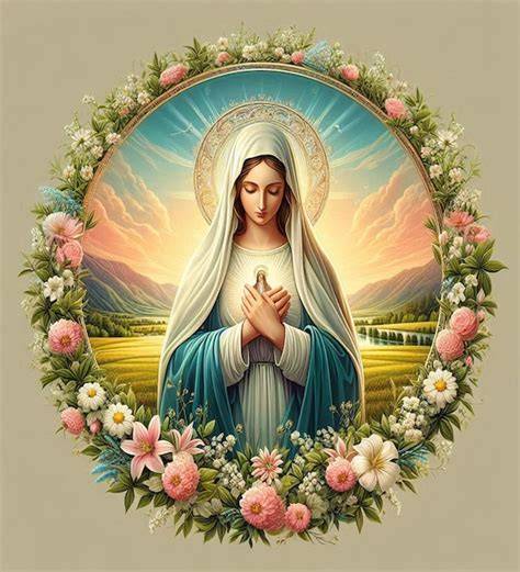 Virgen María con flores, que simbolizan la primavera y la fecundidad.