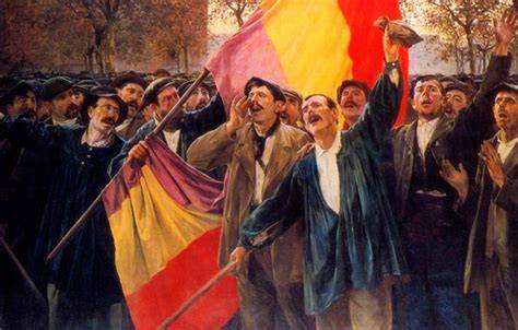 Ilustración de la proclamación de la Segunda República Española, simbolizando un nuevo amanecer.