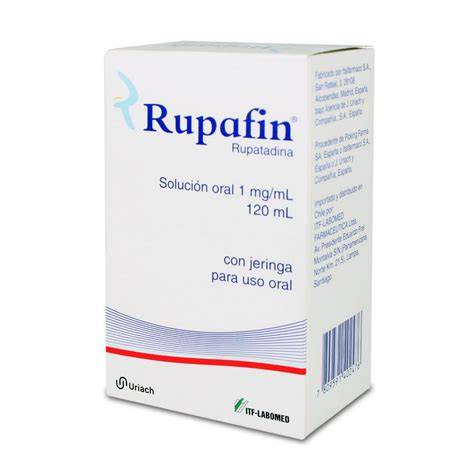 Envase de rupatadina solución oral para administración pediátrica
