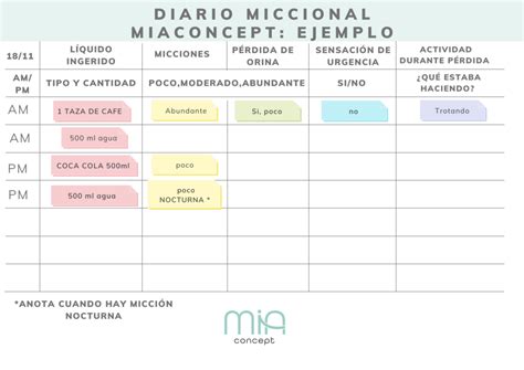 Esquema visual de un diario miccional infantil con columnas para hora, volumen, pérdidas y tipo de bebida