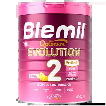Diagrama nutricional destacando el contenido de DHA, hierro y calcio en Blemil 2 Optimum Evolution.