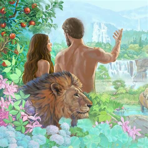 Representación del jardín del Edén con Adán y Eva recibiendo la bendición de Dios