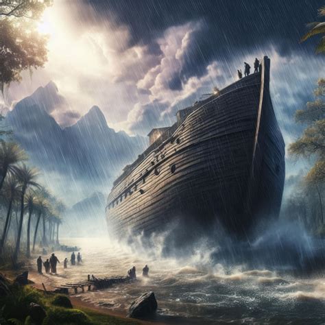 Noé y su familia saliendo del arca tras el diluvio