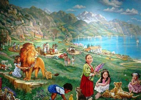 Visión de un paraíso terrenal con personas felices y animales