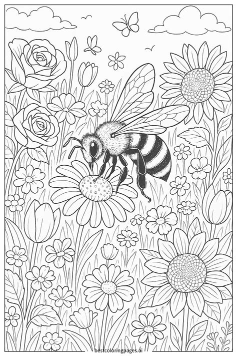 Abeja recolectando néctar de flores en un dibujo para colorear