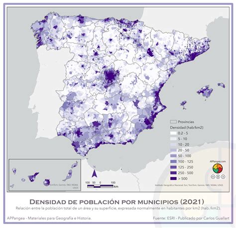 Mapa de densidad de población en España o gráfico de la evolución demográfica