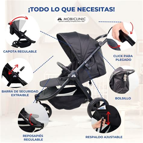 Infografía: Características clave de una silla de paseo ligera (plegado, arnés de 5 puntos, respaldo reclinable, ruedas con suspensión)