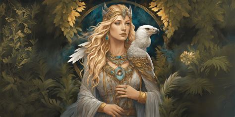Representación artística de la diosa Freyja rodeada de elementos naturales y simbólicos de la mitología nórdica.