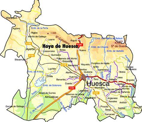 Mapa de la Hoya de Huesca con los puntos de interés de lugares sagrados y piedras fecundantes