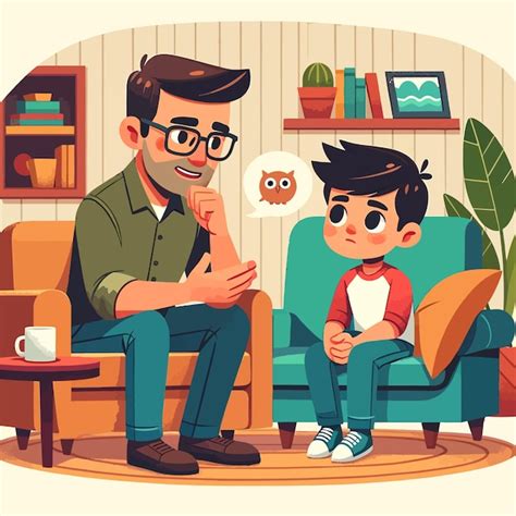 Ilustración de un padre y un hijo hablando con un psicólogo en un ambiente tranquilo.