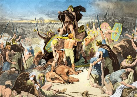 Ilustración de guerreros germanos preparándose para la batalla, con énfasis en el ritual del 