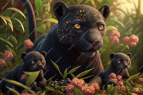 Fotografía de una madre pantera negra cuidando a sus cachorros en un entorno selvático.