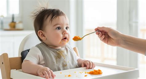 Bebé sentado en una trona, explorando alimentos sólidos con las manos
