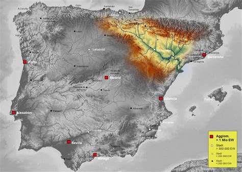 Mapa topográfico de la península ibérica destacando la cuenca y los límites del Valle del Ebro