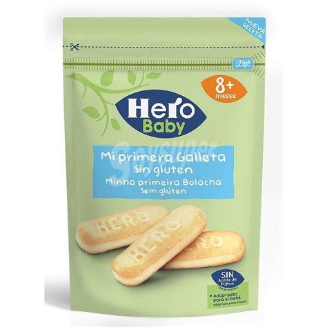 Imagen de las galletas Hero Baby sin gluten, mostrando el empaque y la textura del producto.