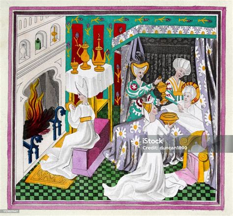 Ilustración de una matrona medieval asistiendo un parto con hierbas y objetos religiosos