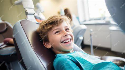 Foto de un niño sonriendo en el sillón del dentista, mostrando una experiencia positiva