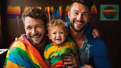 Foto de una pareja gay con un bebé sonriendo