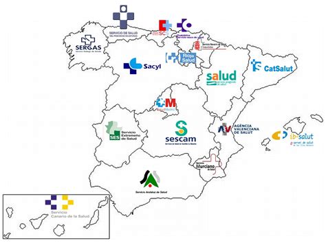 Mapa de España con logos de los servicios de salud autonómicos