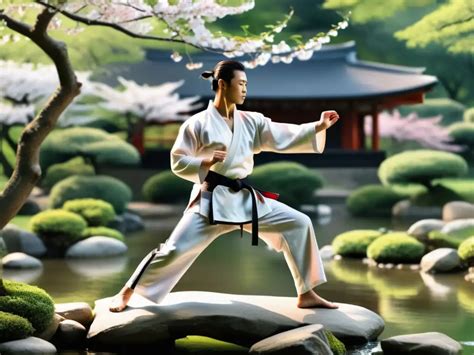 Esquema visual sobre la filosofía de las artes marciales, incluyendo conceptos como disciplina, equilibrio (yin y yang), respeto y desarrollo personal.