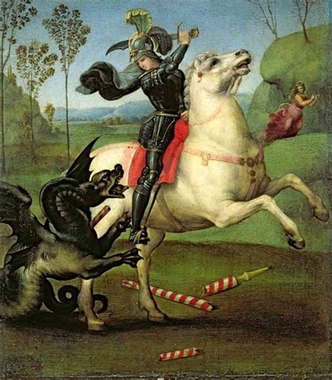 Pintura medieval de San Jorge luchando contra el dragón, vestido con armadura brillante.