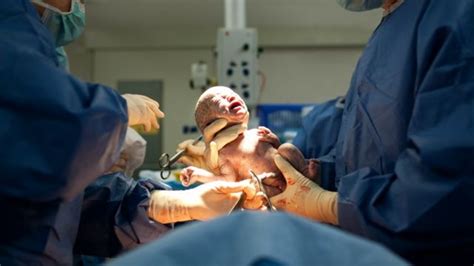 Imagen de un bebé naciendo en un parto velado, todavía dentro del saco amniótico intacto