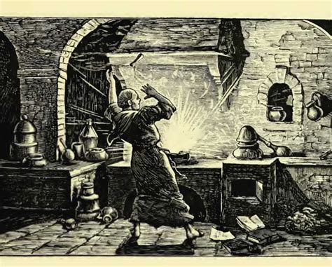 Grabado antiguo de una fábrica de pólvora con molinos y operarios