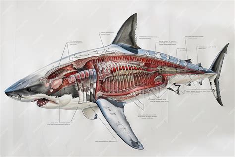 Esquema anatómico del gran tiburón blanco con énfasis en su tamaño y mandíbula