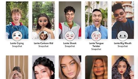 Ejemplos de diferentes tipos de filtros de Snapchat (animación facial, 3D, etc.)