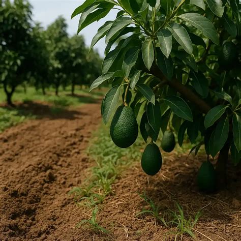 Ilustración de cómo aplicar fertilizante granulado alrededor de la base de un aguacate