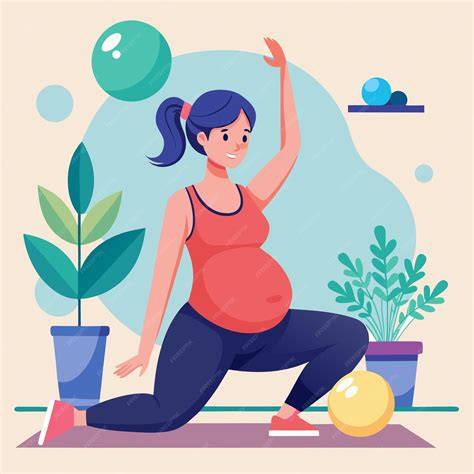 Ilustración de mujer embarazada realizando flexiones de columna sentada