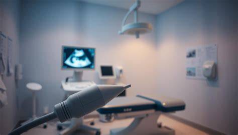 Fotografía de un consultorio médico moderno preparado para una ecografía transvaginal.