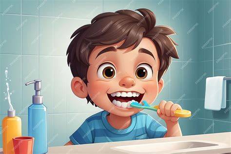 Ilustración de un niño cepillándose los dientes felizmente