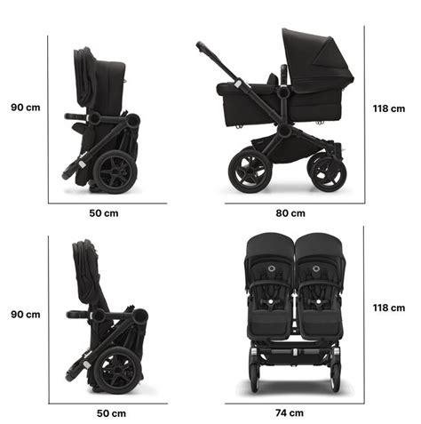 Esquema de las medidas de un carrito gemelar abierto y plegado