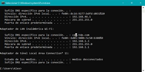 captura de pantalla de ipconfig en Windows