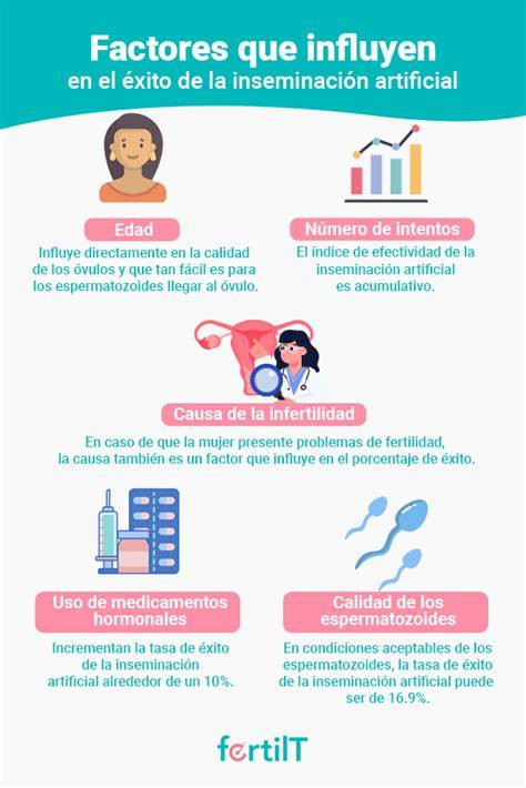 Infografía comparativa de las tasas de éxito de la inseminación artificial según la edad de la paciente y el tipo de muestra (conyugal frente a donante).
