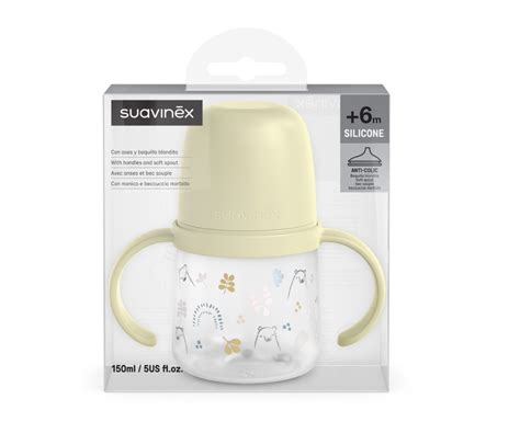 Infografía detallando las características del biberón de aprendizaje Suavinex, con énfasis en las asas, boquilla antiderrame y material.