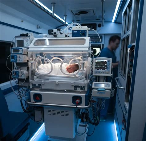 Foto de bebés prematuros en una ambulancia con personal médico